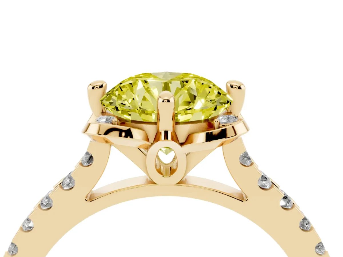 Fancy Yellow Round Cut Diamond Ring with Pavé Band and Floral Prong Setting Yellow gold