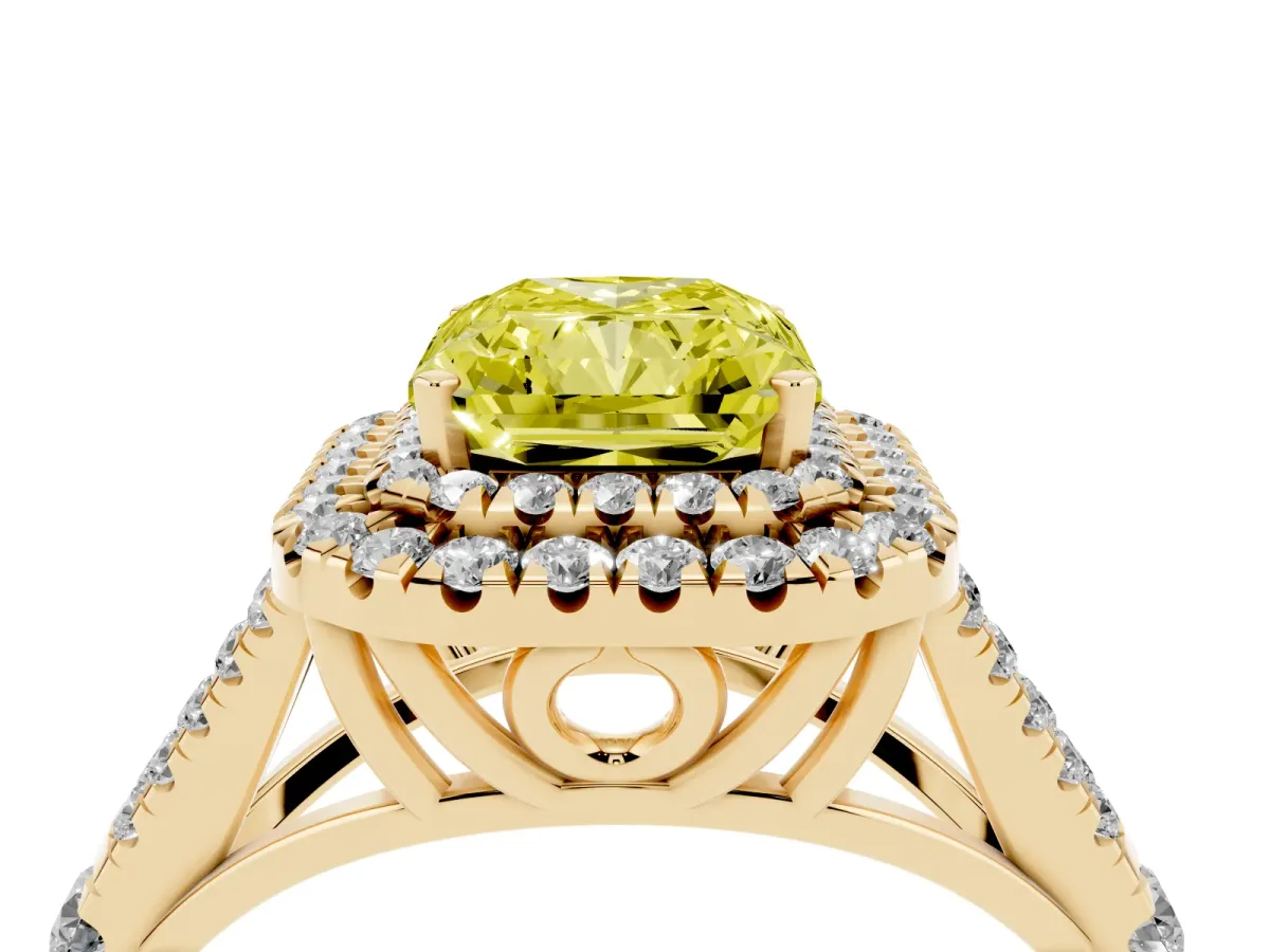 Fancy Yellow Double Halo Radiant Cut Diamond Split Shank Engagement Ring with Four-Prong Setting Yellow gold