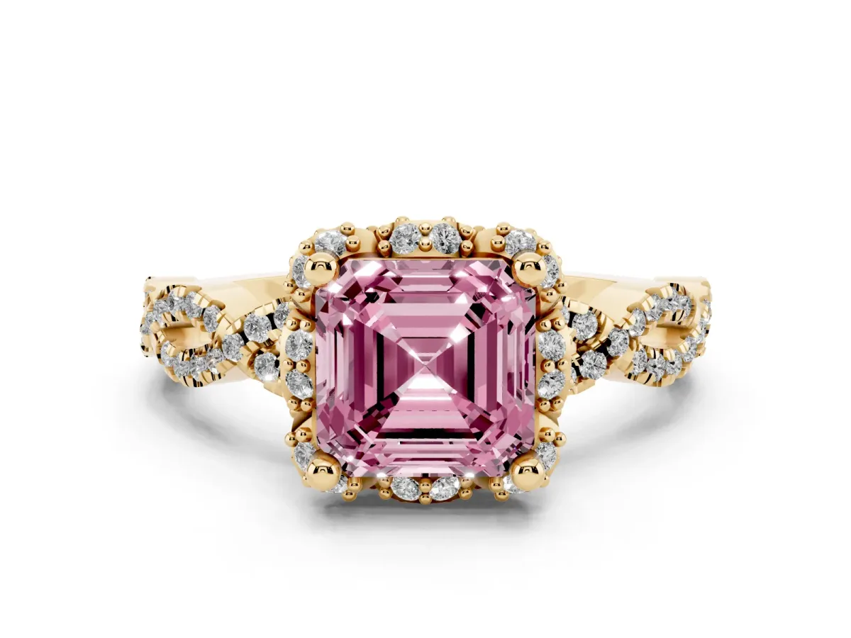 Fancy Pink Asscher Cut Halo Twist Band Solitaire Ring with Six-Prong Setting Yellow gold