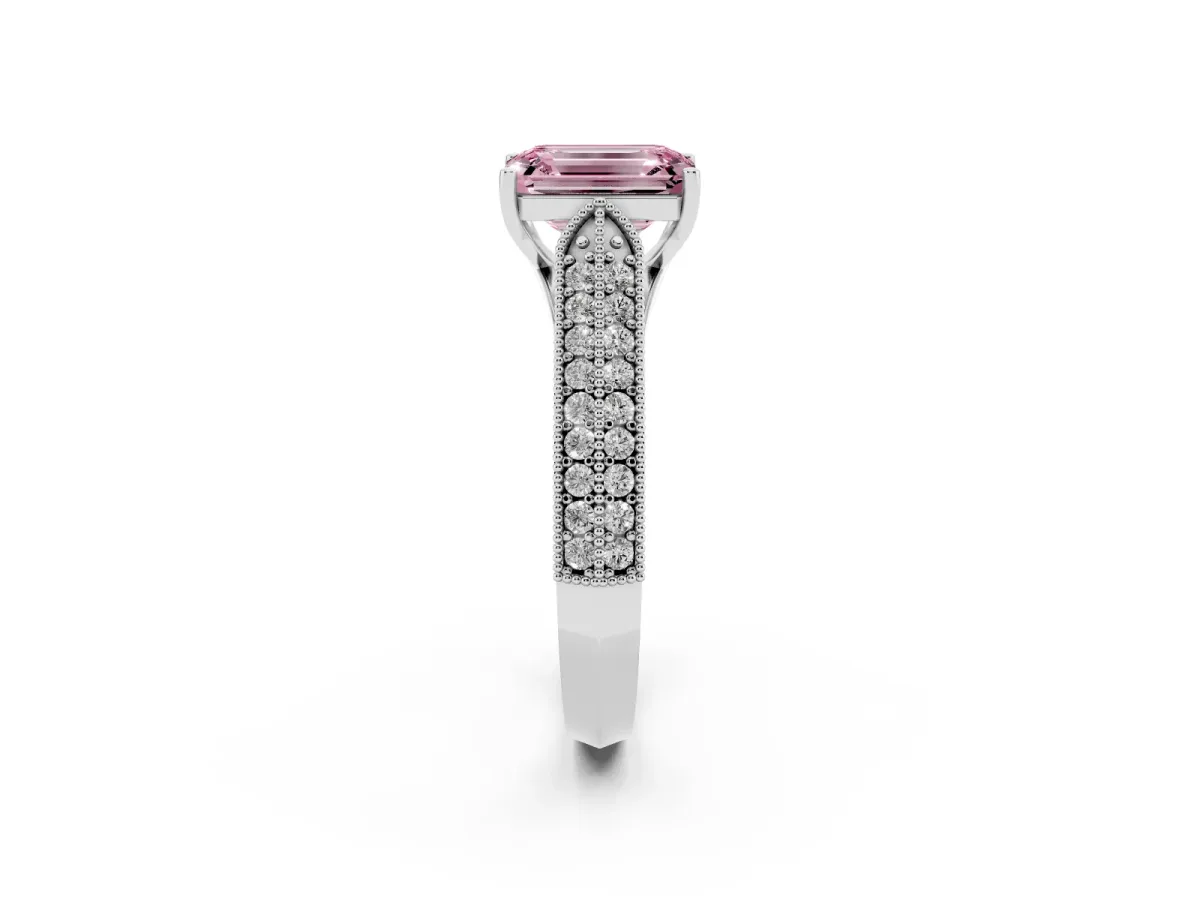 Fancy Pink Emerald Cut Cut Pave Split Shank Engagement Ring with Four-Prong Setting White gold