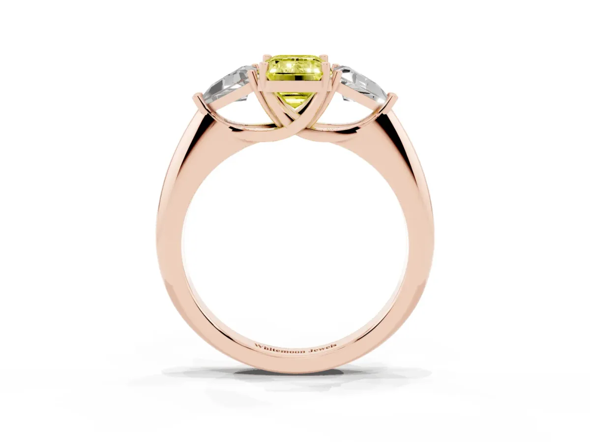 Fancy Yellow Three-Stone Emerald Cut Diamond Engagement Ring with Trillion Side Stones and Prong Setting Rose gold