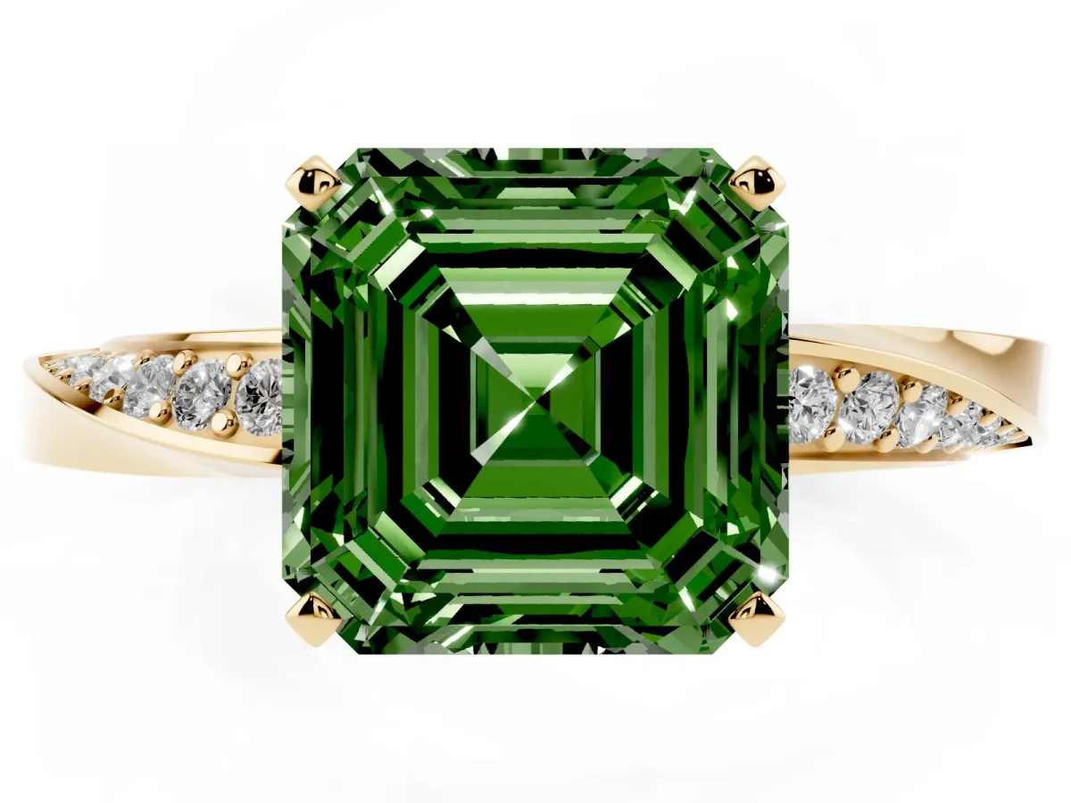 Fancy Green Asscher Cut Diamond Engagement Ring with Side Stone Accents and Four-Prong Setting Yellow gold