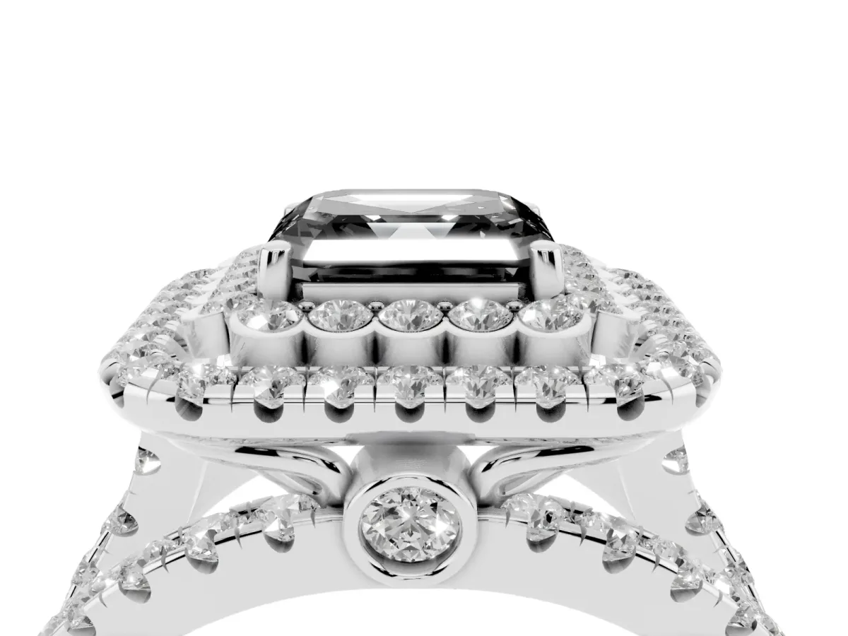 Fancy Black Asscher Cut Diamond Double Halo Ring with Round Pavé Split Shank and Prong Setting Silver