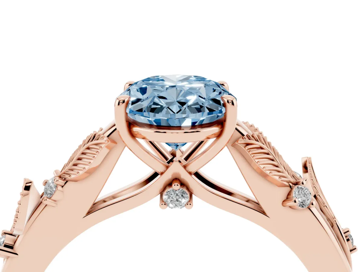 Fancy Blue Oval Cut Diamond Solitaire Ring with Leaf Motif Band and Four-Prong Setting Rose gold