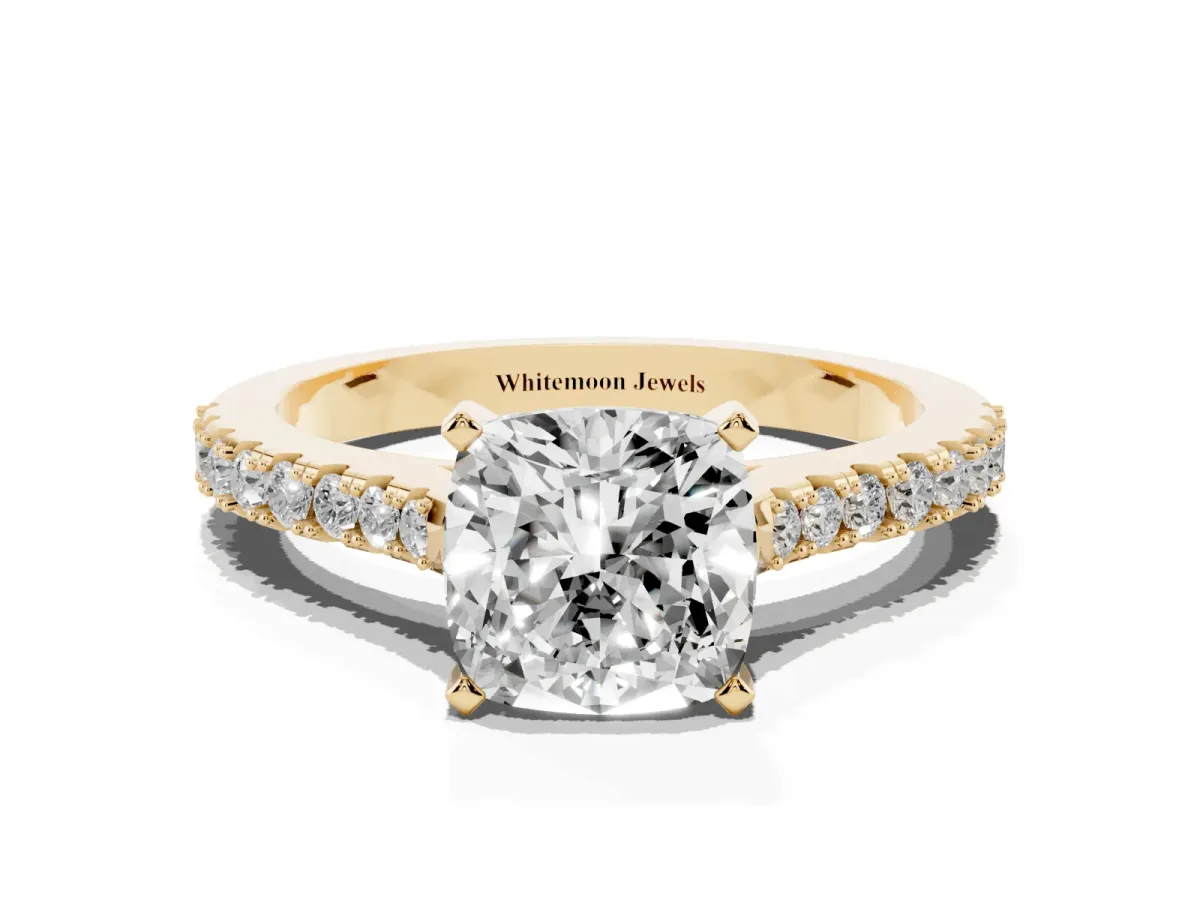 Cushion Cut Cut Solitaire Diamond Engagement Ring with Pave Band and Four-Prong Setting Yellow gold