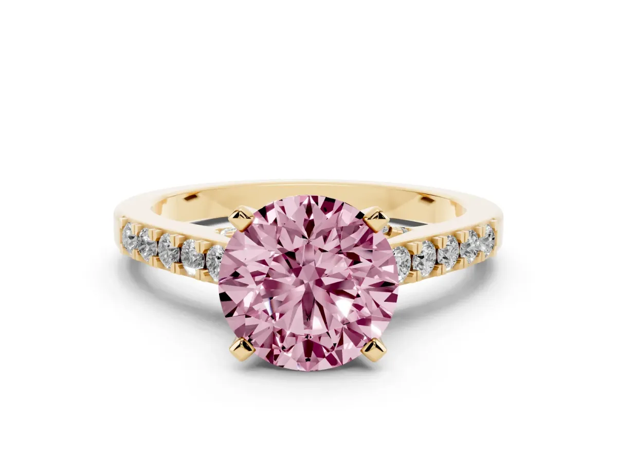 Fancy Pink Round Cut Diamond Solitaire Ring with Crossover Gallery and Round Pavé Band Yellow gold