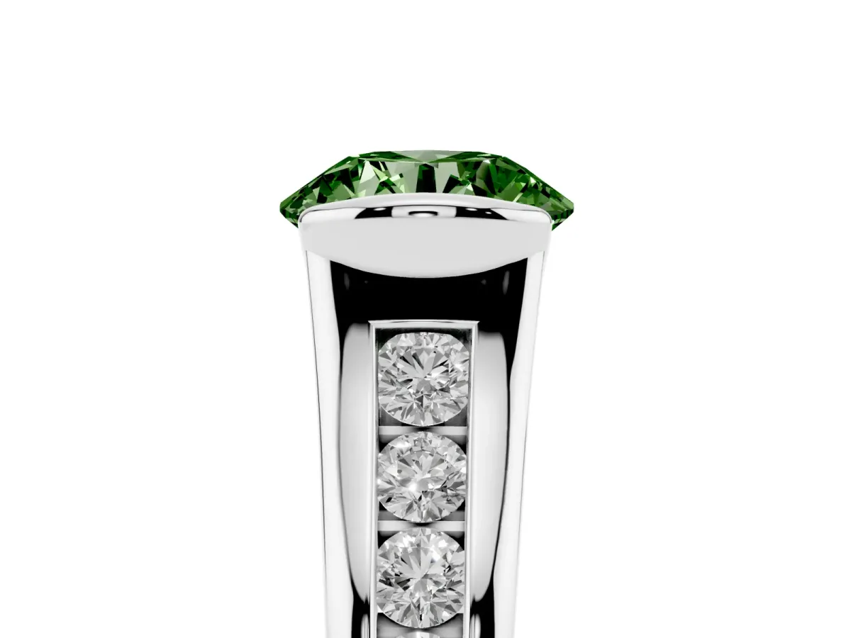 Fancy Green Round Cut Solitaire Bezel-Set Diamond Ring with Channel-Set Band Platinum