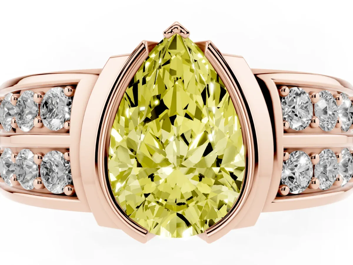 Fancy Yellow Pear Cut Brilliant Diamond Channel Set Wide Band Ring with Bezel Setting Rose gold