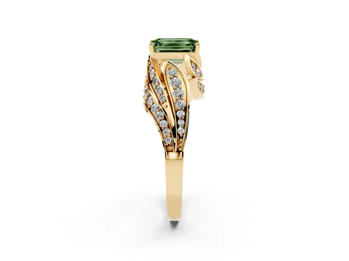 Fancy Green Emerald Cut Diamond Solitaire Ring with Prong Setting and Twisted Pavé Band Yellow gold