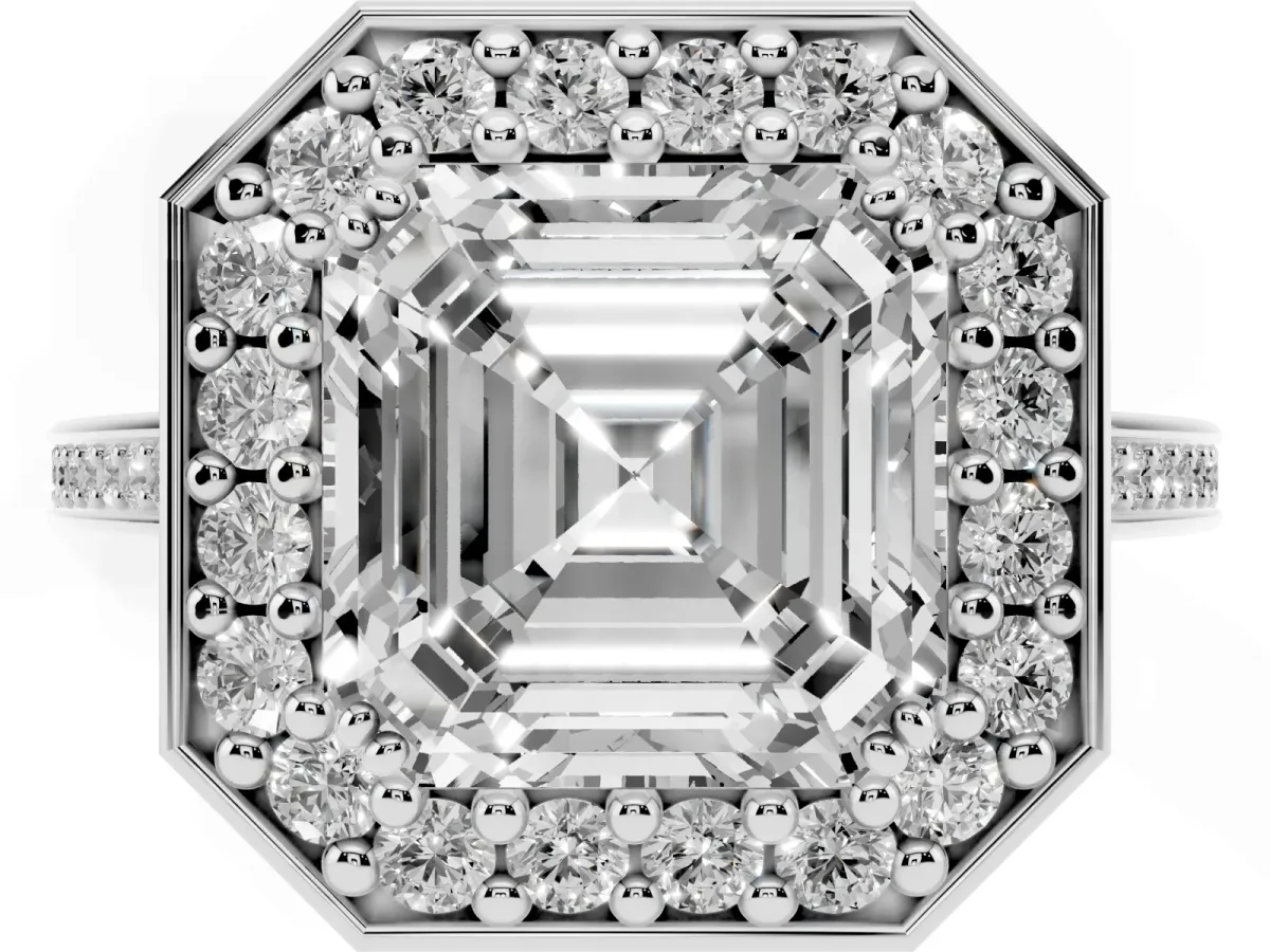 Asscher Cut Diamond Halo Ring with Split Shank and Four-Prong Setting Silver