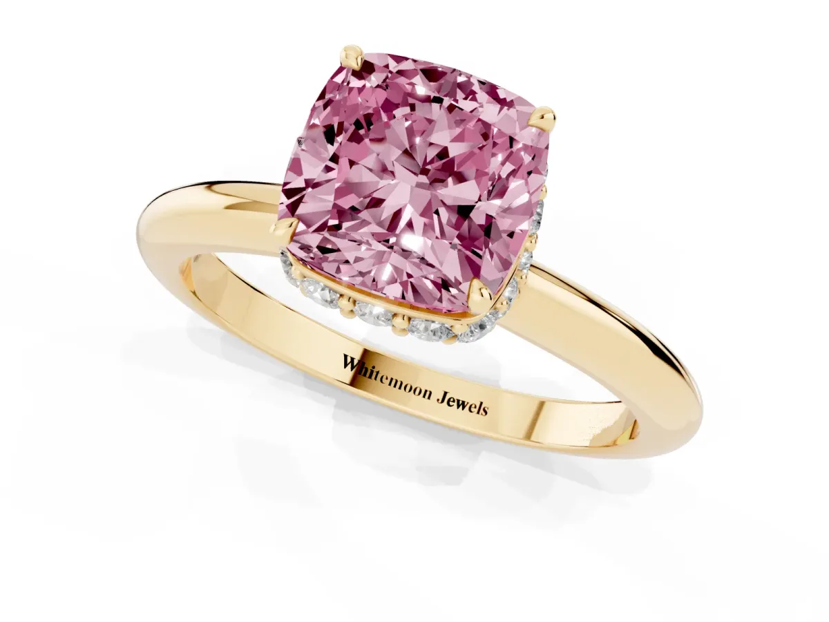 Fancy Pink Cushion Cut Brilliant Solitaire Engagement Ring with Six-Prong Setting and Classic Band Yellow gold