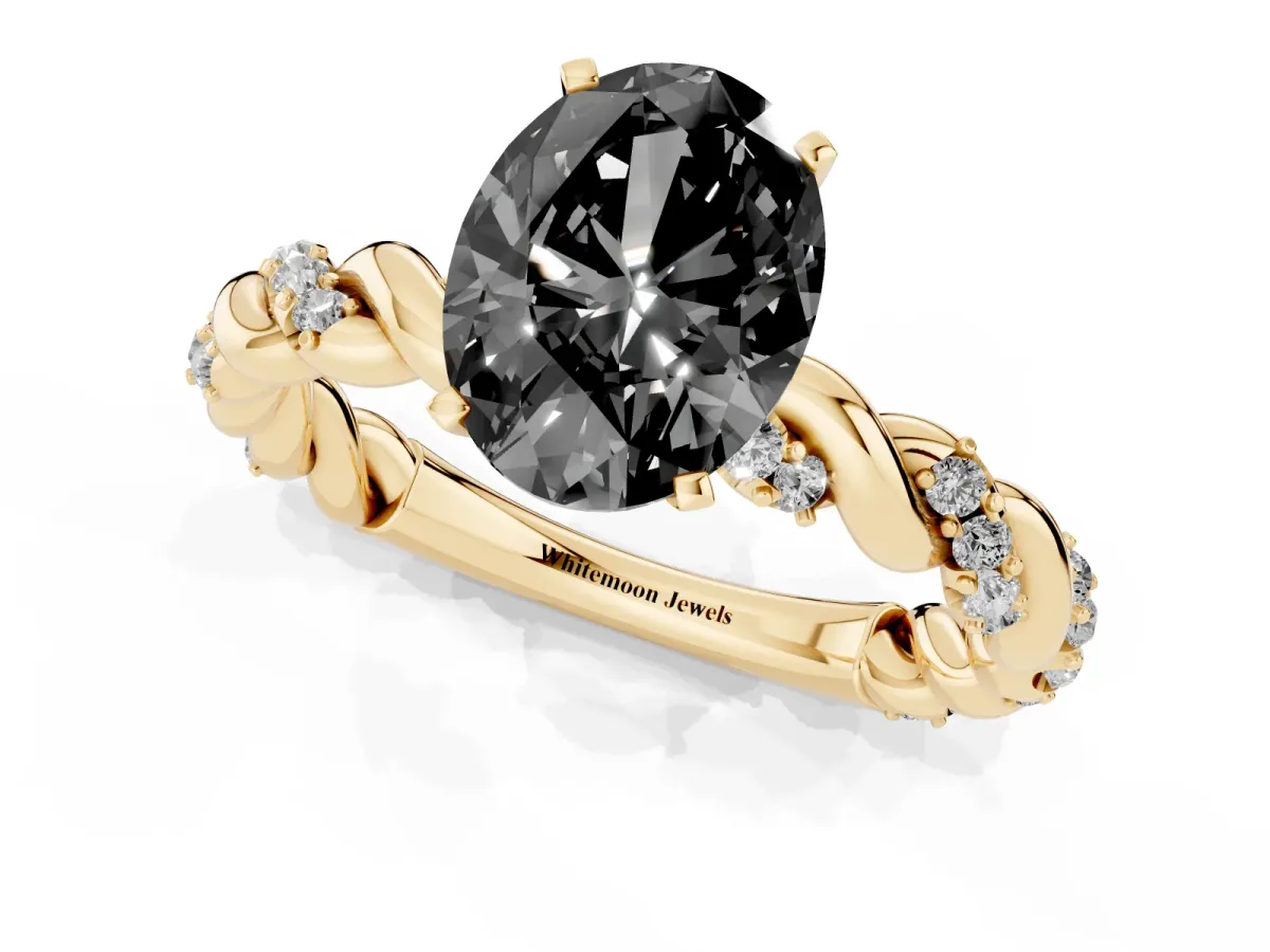 Fancy Black Oval Cut Diamond Solitaire Ring with Twisted Band and Pavé Accents Yellow gold