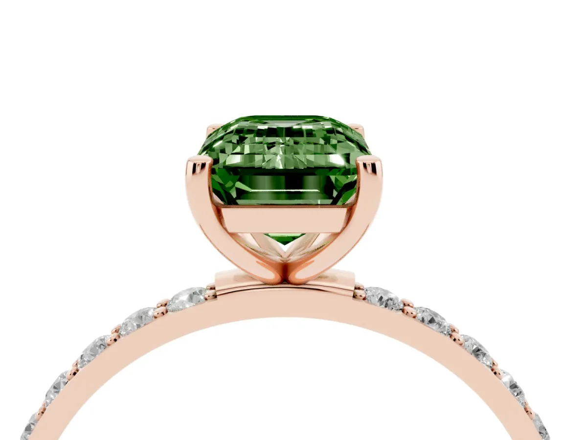Fancy Green Emerald Cut Diamond Solitaire Ring with Round Pavé Shoulders and Prong Setting Rose gold