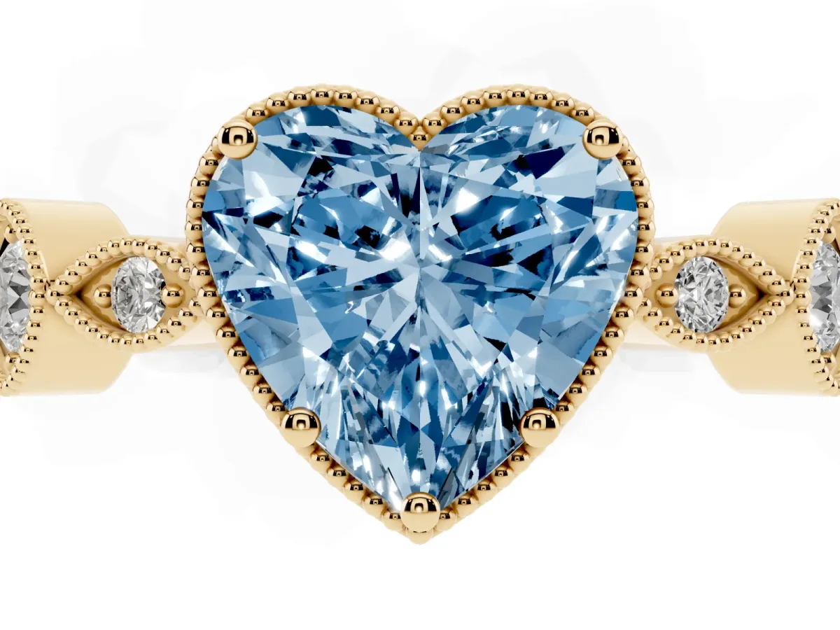 Fancy Blue Heart Cut Diamond Vintage Milgrain Ring with Round Stations Yellow gold