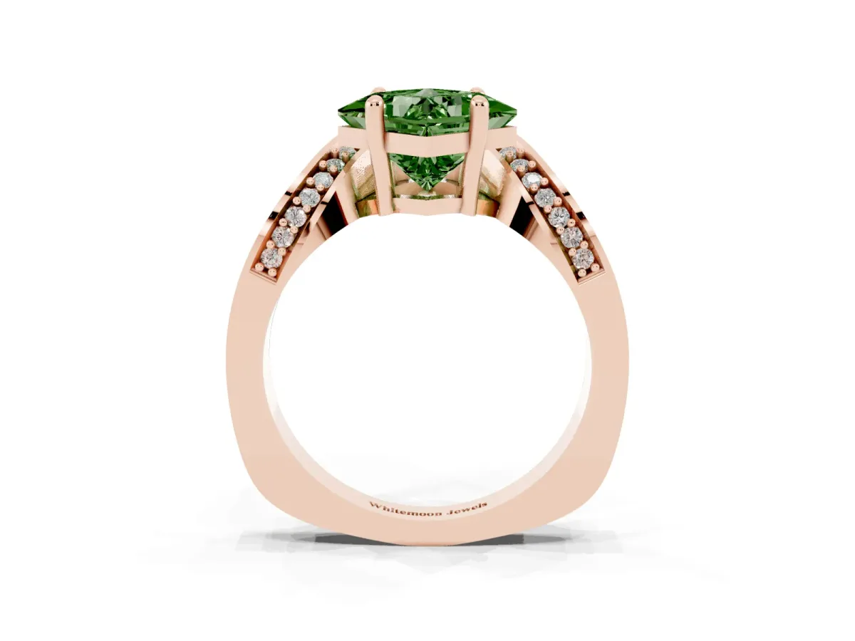Fancy Green Princess Cut Solitaire Diamond Engagement Ring with Pave Band and Four-Prong Setting Rose gold