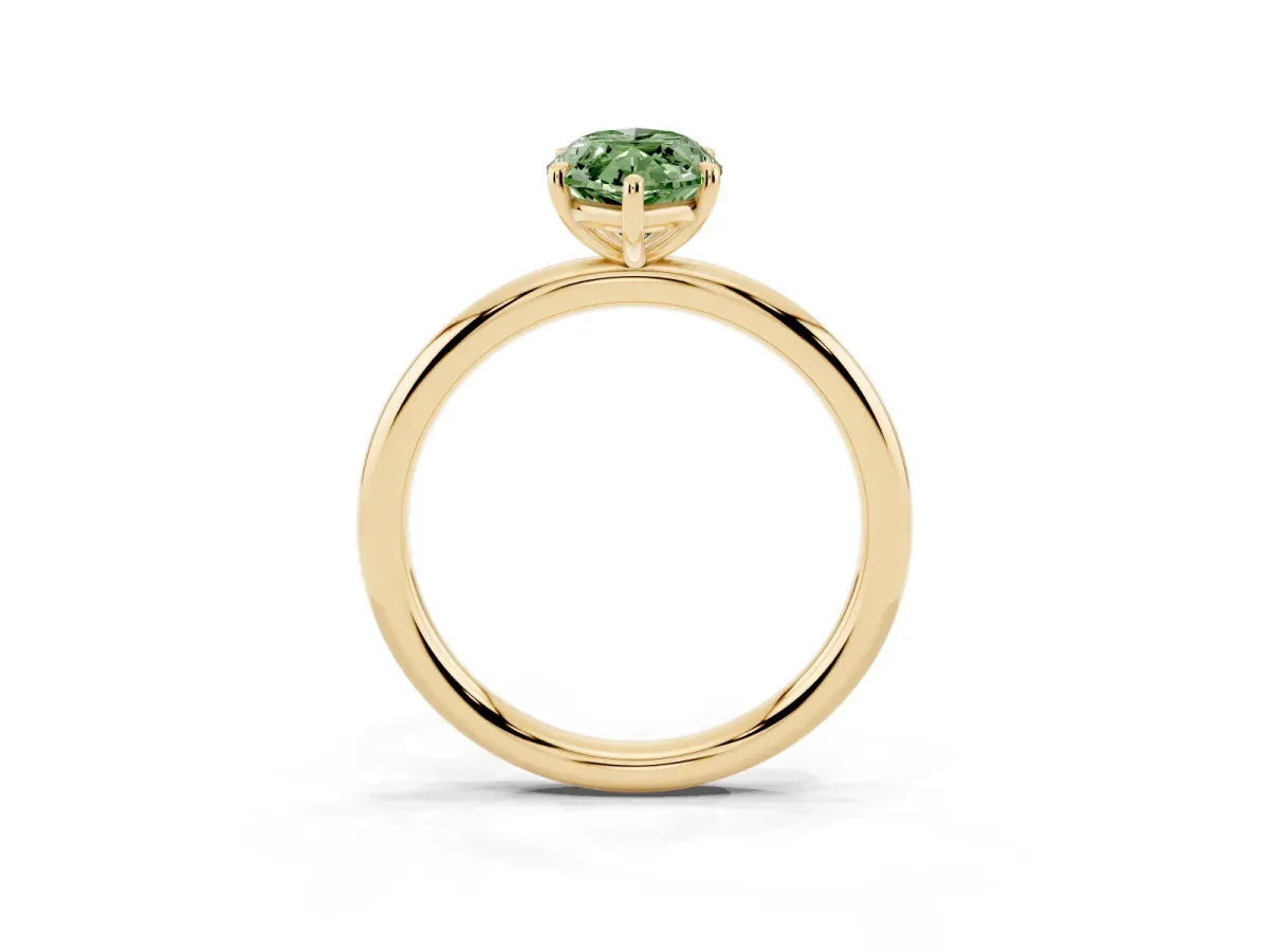 Fancy Green Oval Cut Solitaire Diamond Ring with Four-Prong Setting on a Plain Band Yellow gold
