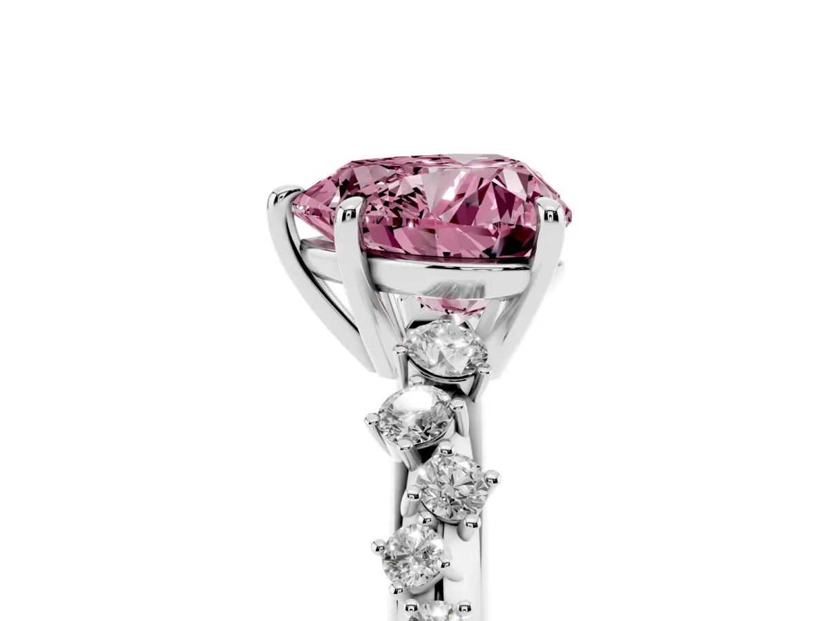 Fancy Pink Heart Cut Diamond Cluster Side Stone Solitaire Ring with Prong Setting Silver