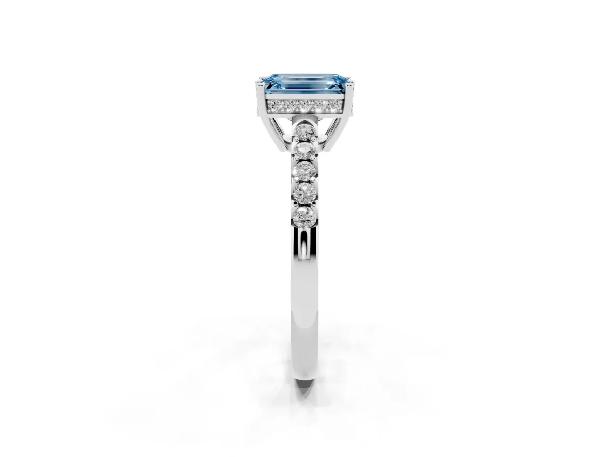 Fancy Blue Emerald Cut Solitaire Diamond Engagement Ring with Pavé Band and Six-Prong Setting Silver