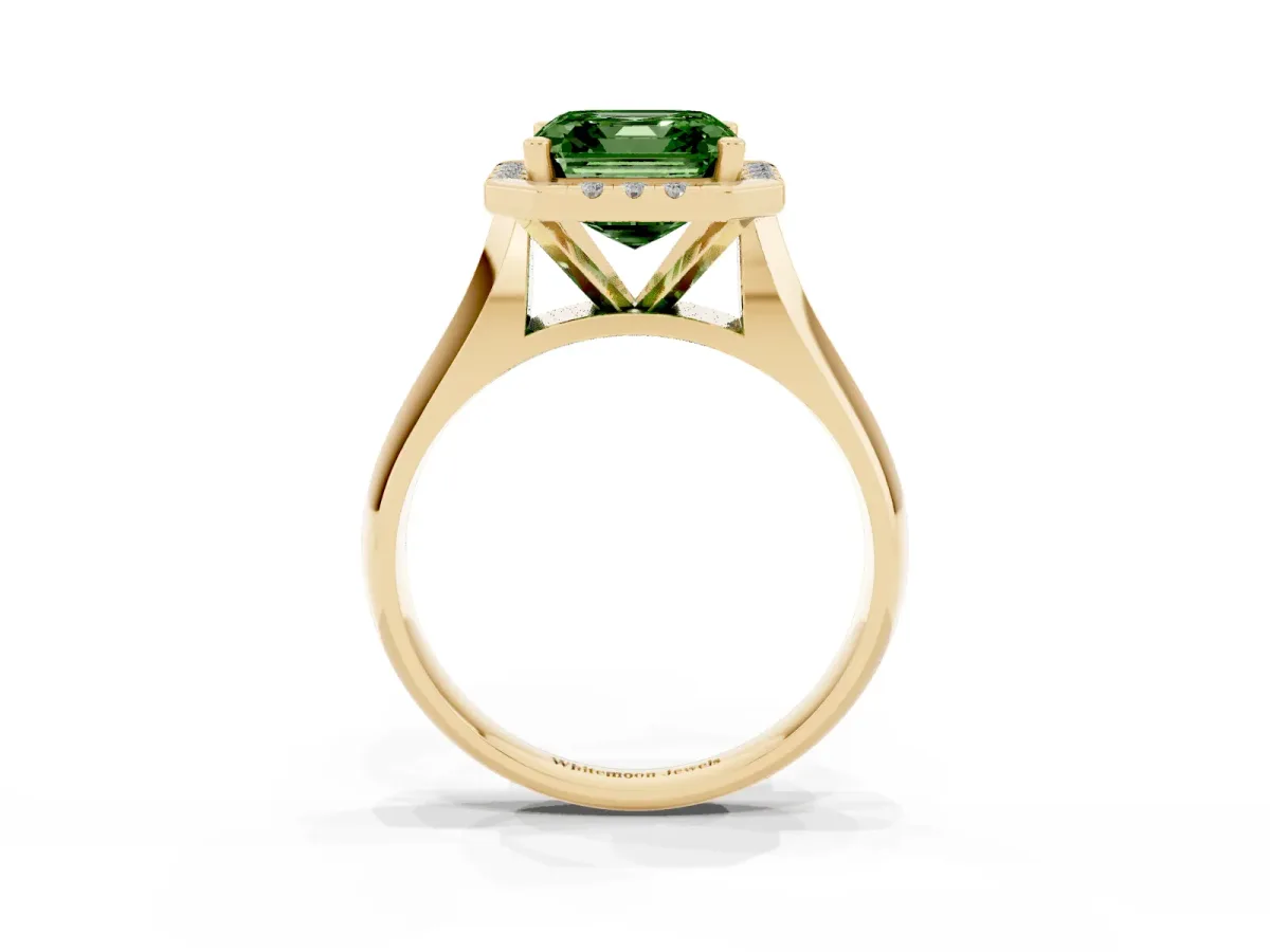 Fancy Green Asscher Cut Cut Halo Solitaire Engagement Ring with Square Band and Four-Prong Setting Yellow gold