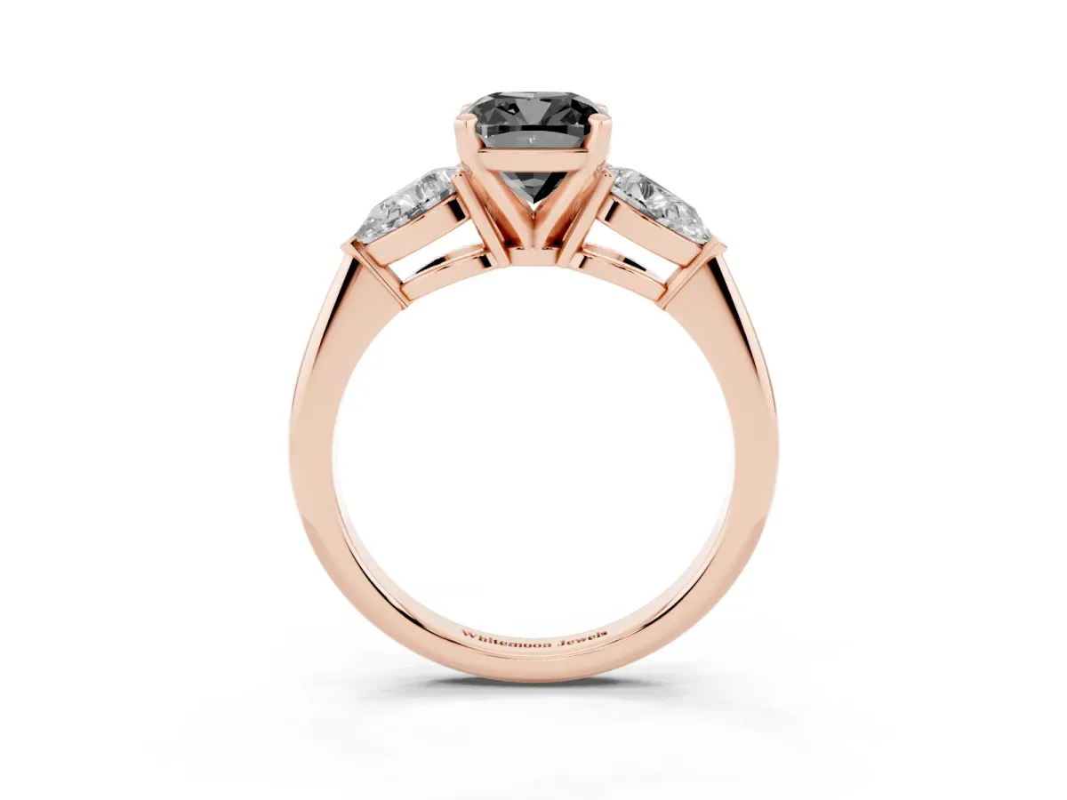 Fancy Black Three-Stone Cushion Cut Diamond Ring with Pear Side Stones and Four-Prong Setting Rose gold