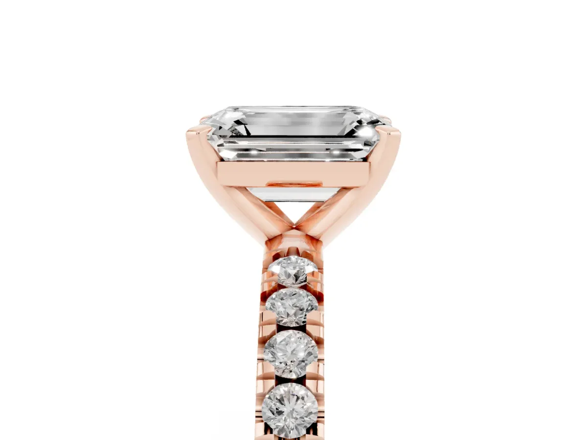 Emerald Cut Diamond Pavé Band Solitaire with Four-Prong Setting Rose gold