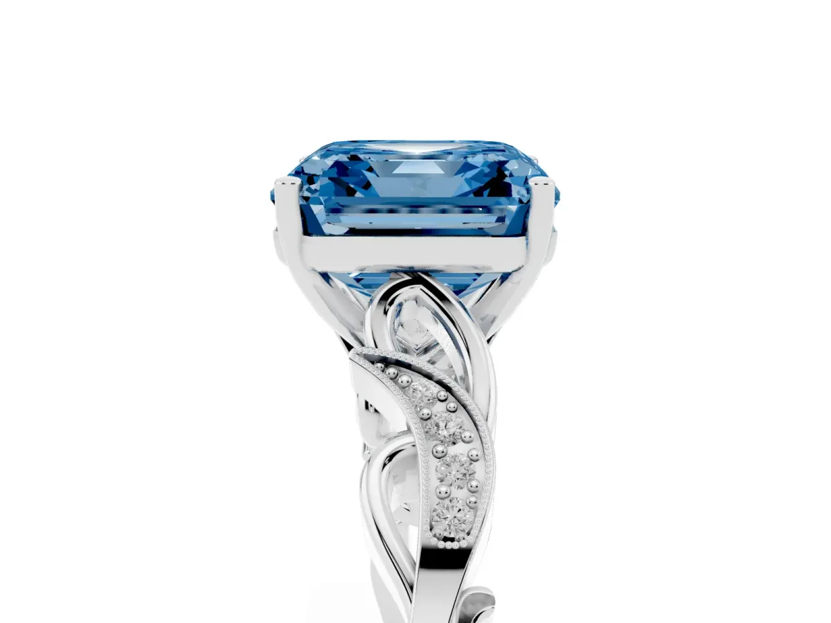 Fancy Blue Asscher Cut Solitaire Vine Band with Milgrain Prong Setting Silver