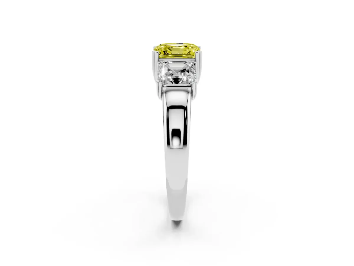 Fancy Yellow Three-Stone Asscher Cut Cut Diamond Ring with Channel Set Band and Four-Prong Setting White gold