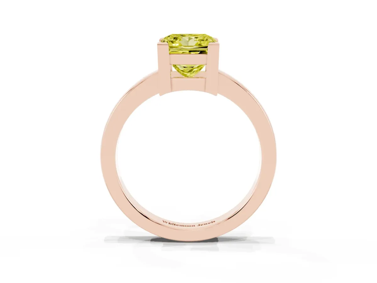 Fancy Yellow Princess Cut Cut Solitaire Ring with Four-Prong Setting and Classic Band Rose gold