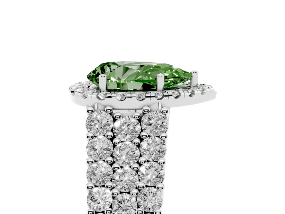 Fancy Green Pear Cut Diamond Halo Engagement Ring with Triple Row Round Pavé Band and Prong Setting Silver