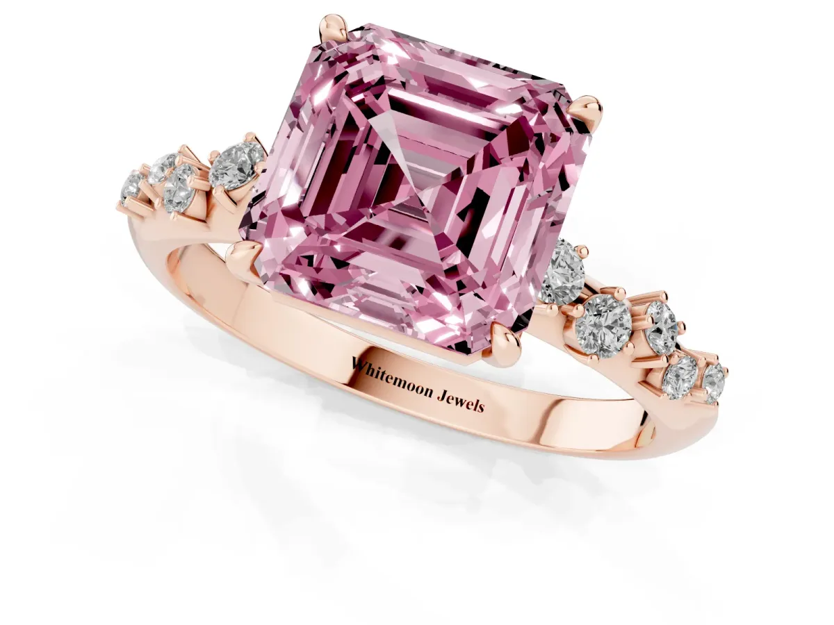 Fancy Pink Asscher Cut Diamond Cluster Side Stone Solitaire Ring with Prong Setting Rose gold