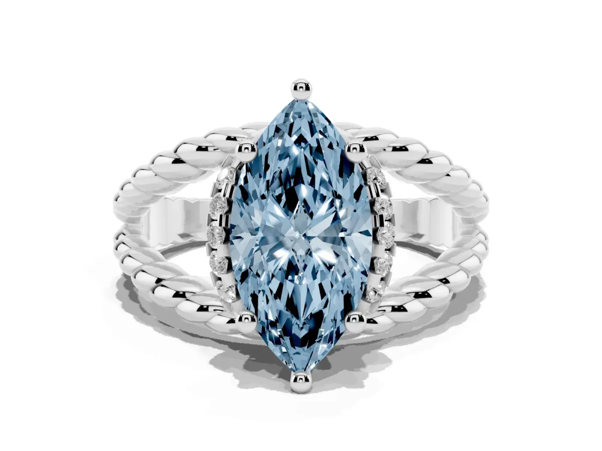 Fancy Blue Marquise Cut Halo Twisted Band Four-Prong Ring Platinum