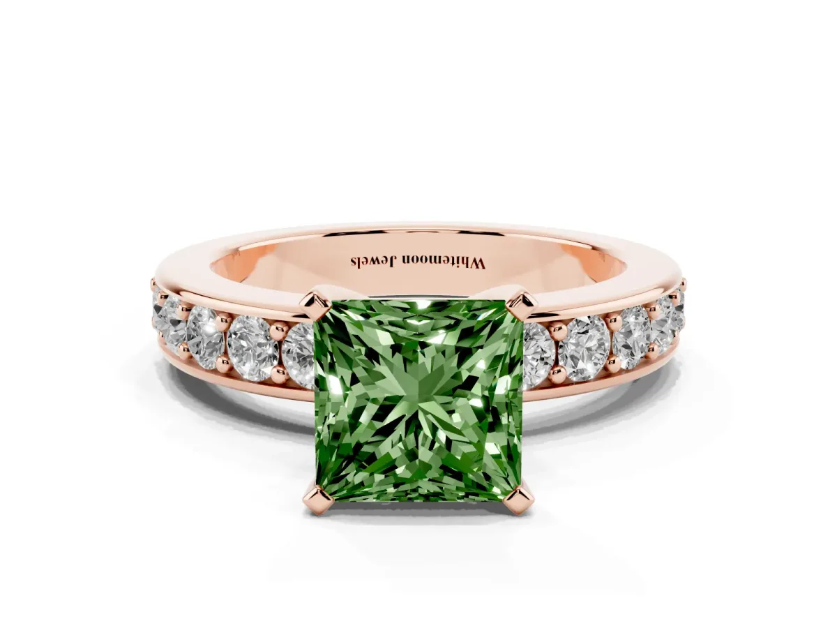 Fancy Green Princess Cut Diamond Engagement Ring with Channel Set Round Band and Prong Setting Rose gold