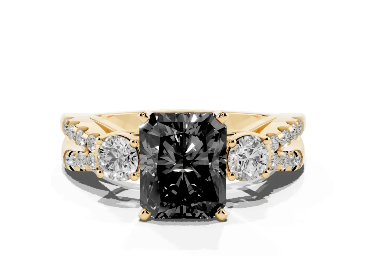 Fancy Black Radiant Cut Diamond Three-Stone Ring with Pavé Split Shank and Four-Prong Setting Yellow gold
