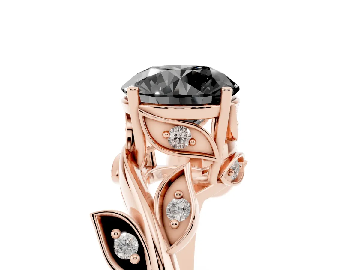 Fancy Black Round Cut Solitaire Twist Engagement Ring with Leaf Accents and Prong Setting Rose gold