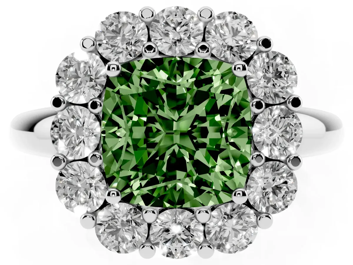 Fancy Green Cushion Cut Halo Cluster Diamond Engagement Ring with Prong Setting and Polished Band Silver