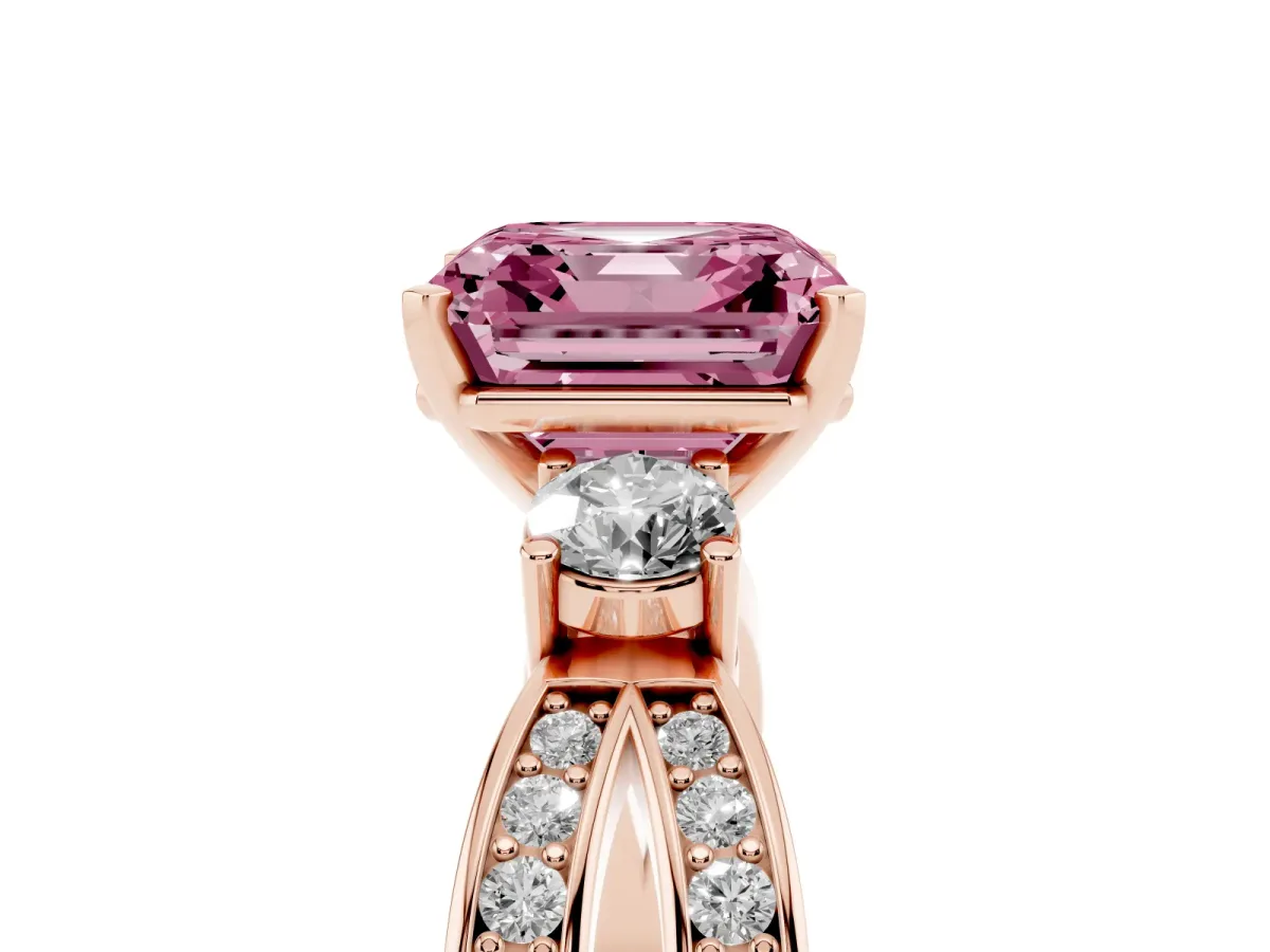 Fancy Pink Three-Stone Asscher Cut Cut Diamond Twist Band with Prong Setting Rose gold