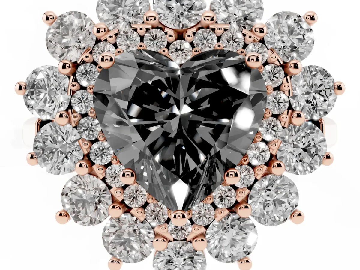 Fancy Black Heart Cut Diamond Floral Double Halo Engagement Ring with Prong Setting Rose gold