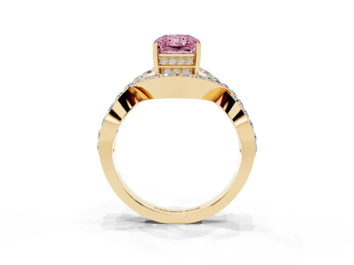 Fancy Pink Radiant Cut Solitaire Twist Band Pavé Diamond Engagement Ring Yellow gold