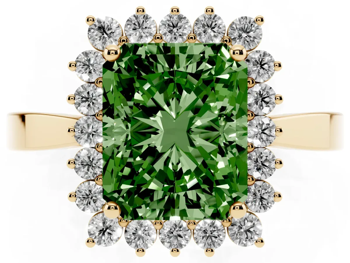 Fancy Green Radiant Cut Cut Diamond Halo Ring with Round Brilliant Halo and Solitaire Band Yellow gold