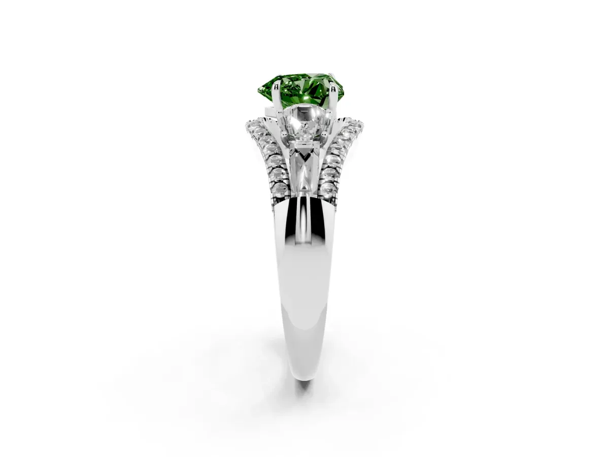 Fancy Green Three-Stone Heart Cut Diamond Engagement Ring with Pave Band and Prong Setting Silver
