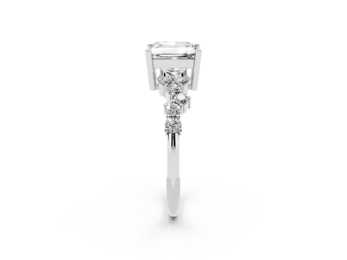 Princess Cut Diamond Scattered Round Accent Ring with Prong Setting Silver