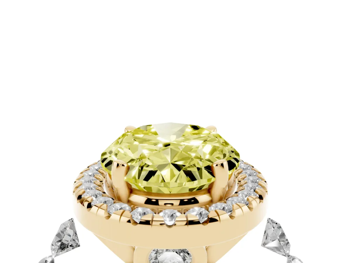 Fancy Yellow Oval Cut Halo Pavé Diamond Engagement Ring with Four-Prong Setting Yellow gold