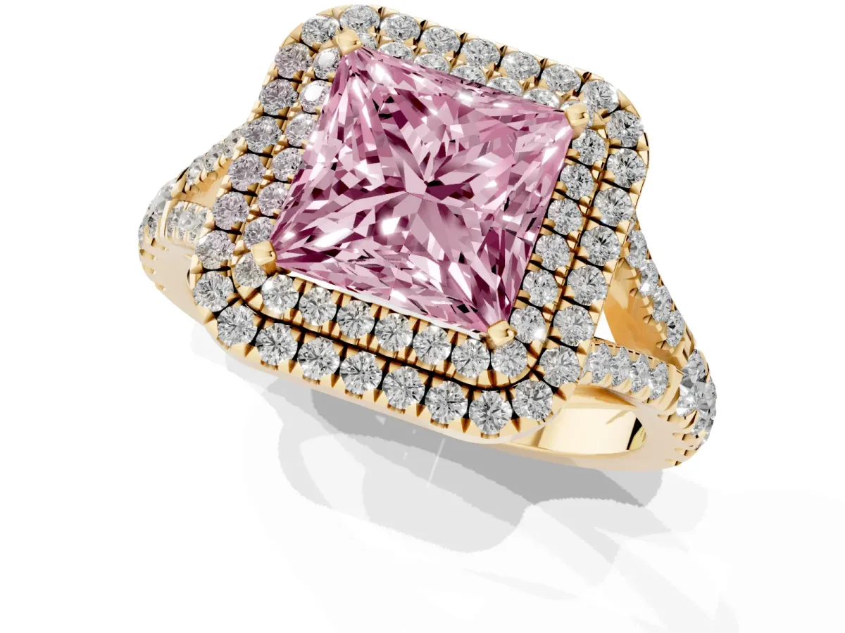 Fancy Pink Double Halo Princess Cut Diamond Split Shank Engagement Ring with Four-Prong Setting Yellow gold