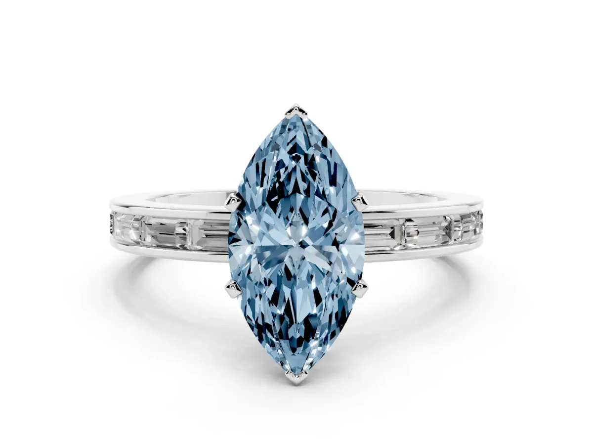 Fancy Blue Marquise Cut Solitaire Diamond Ring with Channel-Set Baguette Band and Four-Prong Setting White gold
