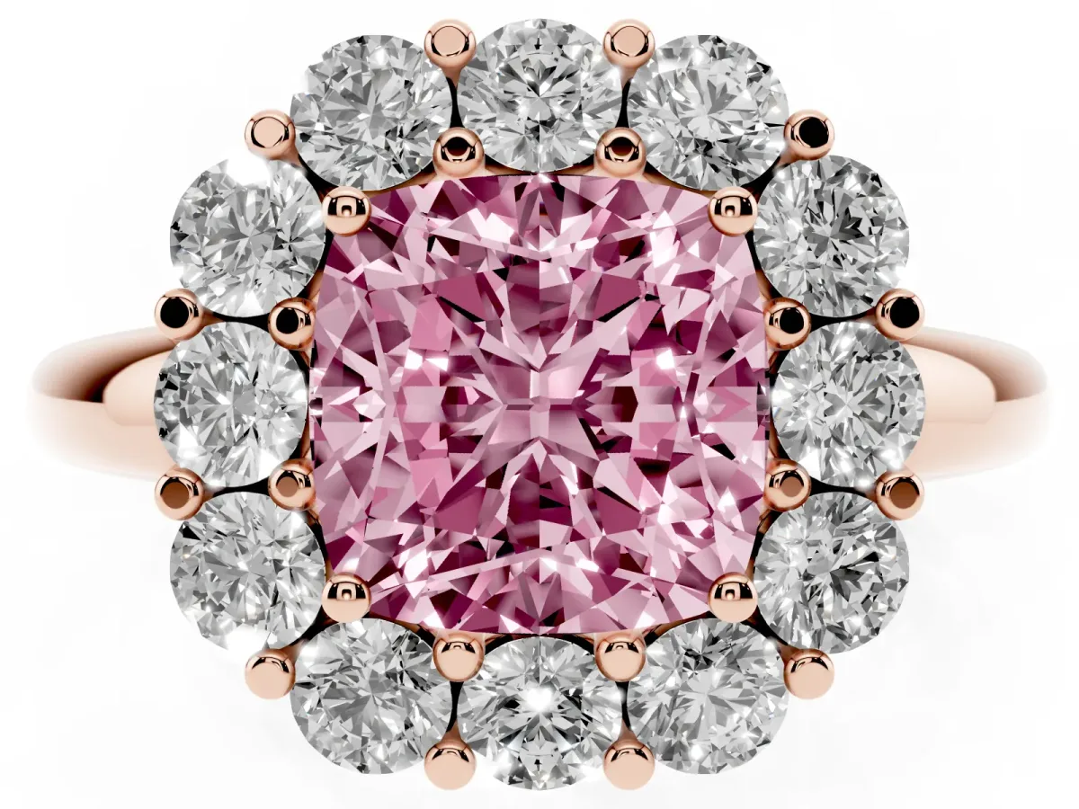 Fancy Pink Cushion Cut Halo Cluster Diamond Engagement Ring with Prong Setting and Polished Band Rose gold