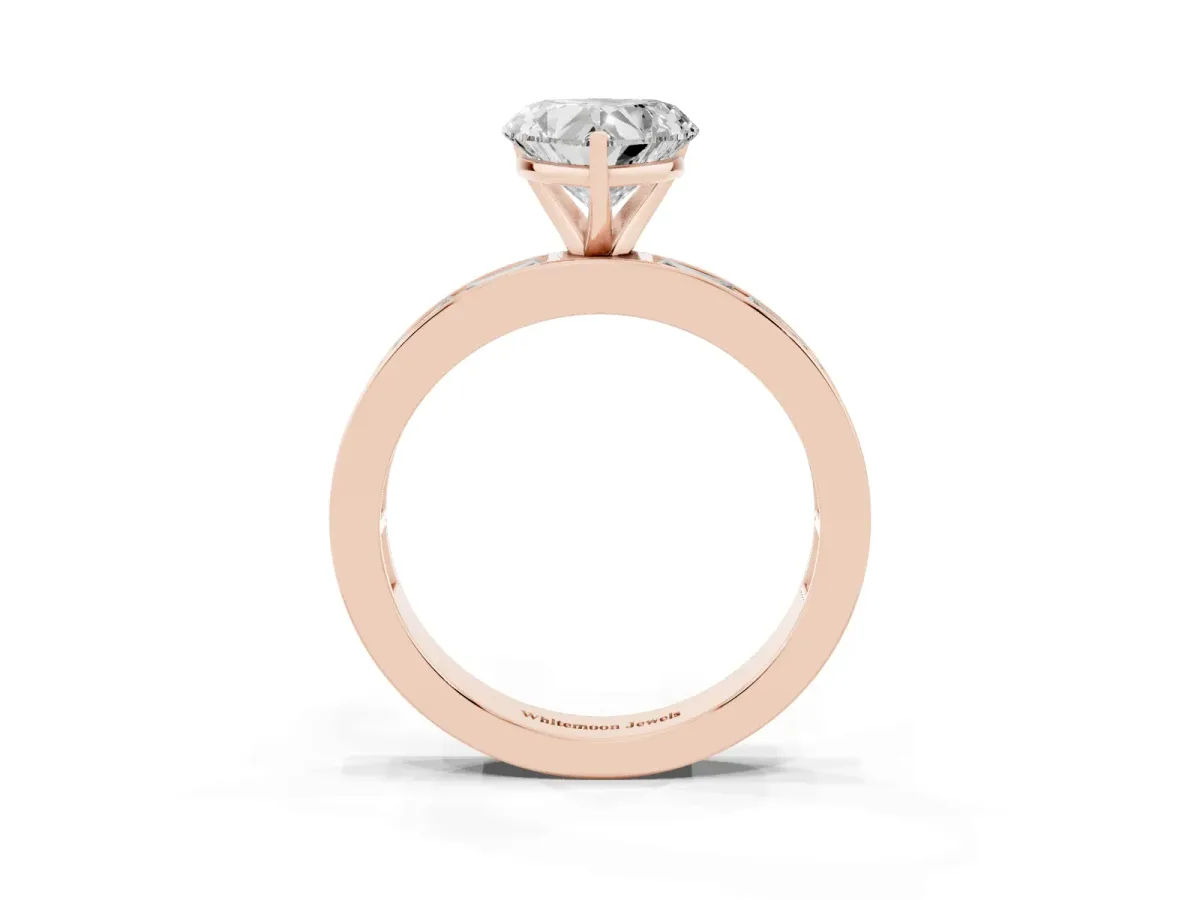 Heart Cut Solitaire Diamond Ring with Channel-Set Baguette Band and Four-Prong Setting Rose gold