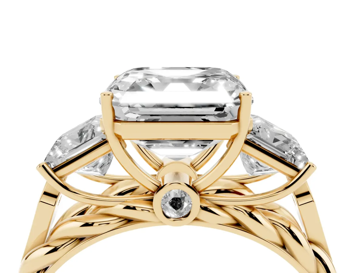 Three-Stone Asscher Cut Diamond Braided Band Ring with Four-Prong Setting Yellow gold