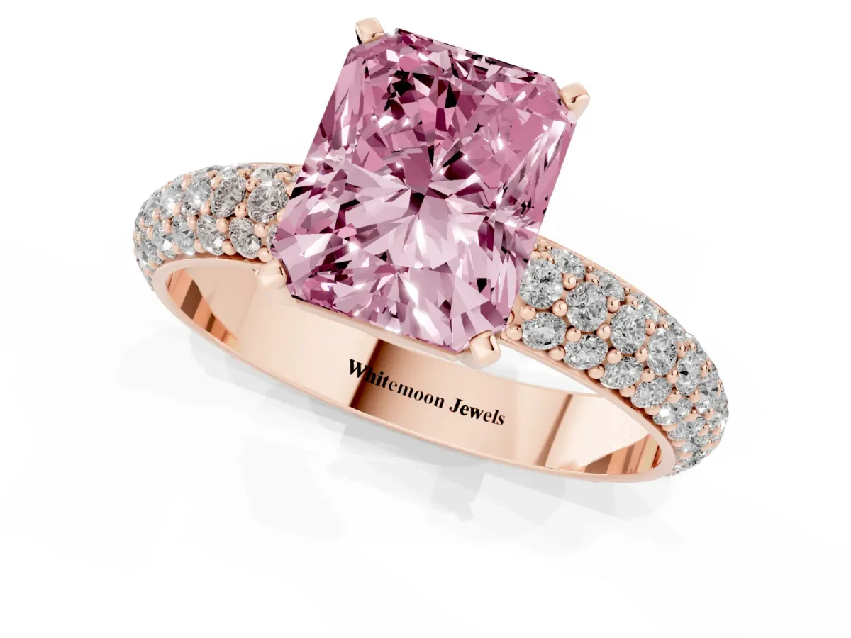 Fancy Pink Radiant Cut Diamond Solitaire Ring with Prong Setting and Pavé Band Rose gold