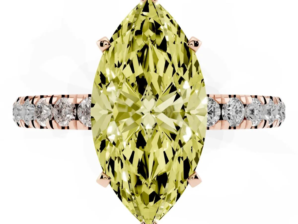 Fancy Yellow Marquise Cut Diamond Solitaire Ring with Pavé Accents and Four-Prong Setting Rose gold
