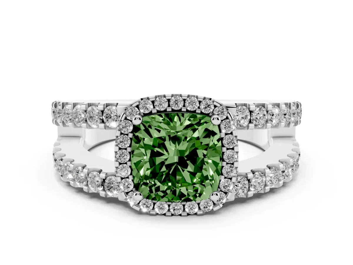 Fancy Green Cushion Cut Cut Halo Split Shank Diamond Ring with Four-Prong Setting Silver